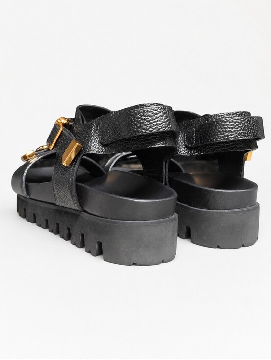 BUSCEMI | Black Leather Lug Sole Sandals Gold Buckle EU 48 US 15 main image 4